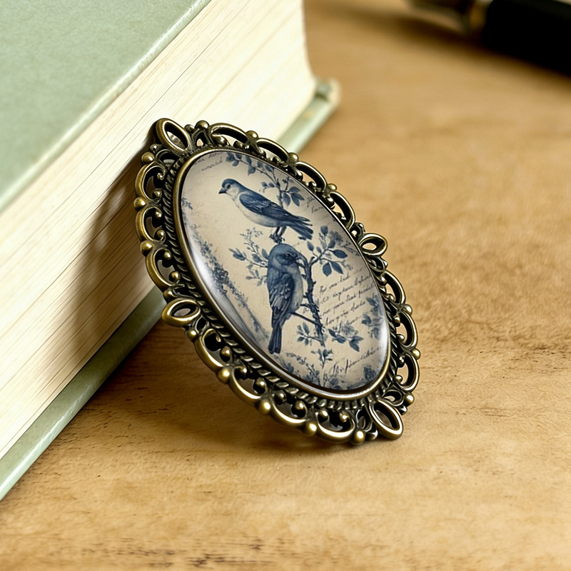 Vintage Blue White Porcelain Bird Flower Brooch